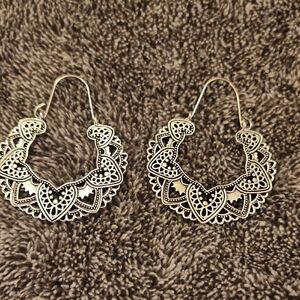 Silver Toned Crescent Filigree Earrings With Heart Desings